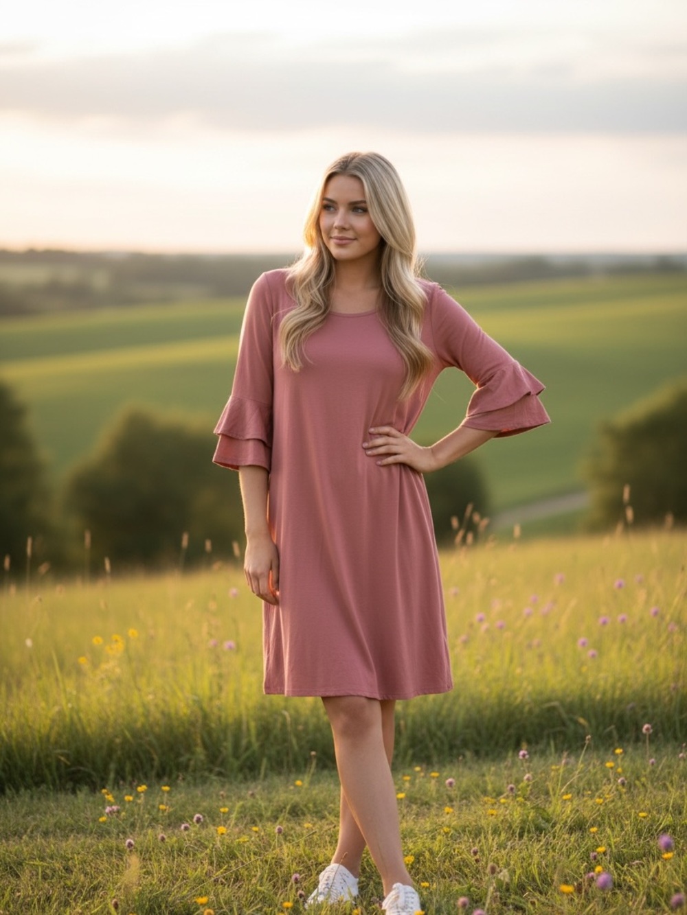 ANDREE BY UNIT Dusty Rose Ruffle-Sleeve Midi Dress